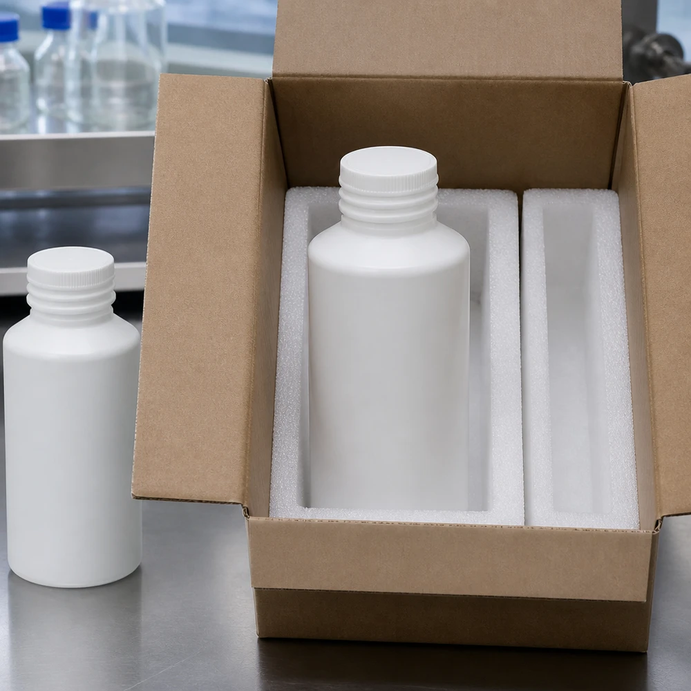 Apothekenflasche HDPE 50ml weiß, ohne Verschluss Apothekenflasche HDPE 50ml weiß ohne Verschluss für gewerblichen Einsatz in Karton mit Schaumstoff