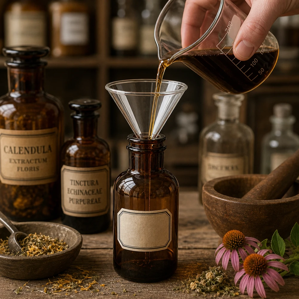 Glastrichter 70mm Kalk-Soda mit 60° Winkel und Kurzstiel beim professionellen Abfüllen von Tinkturen in Apothekerflasche