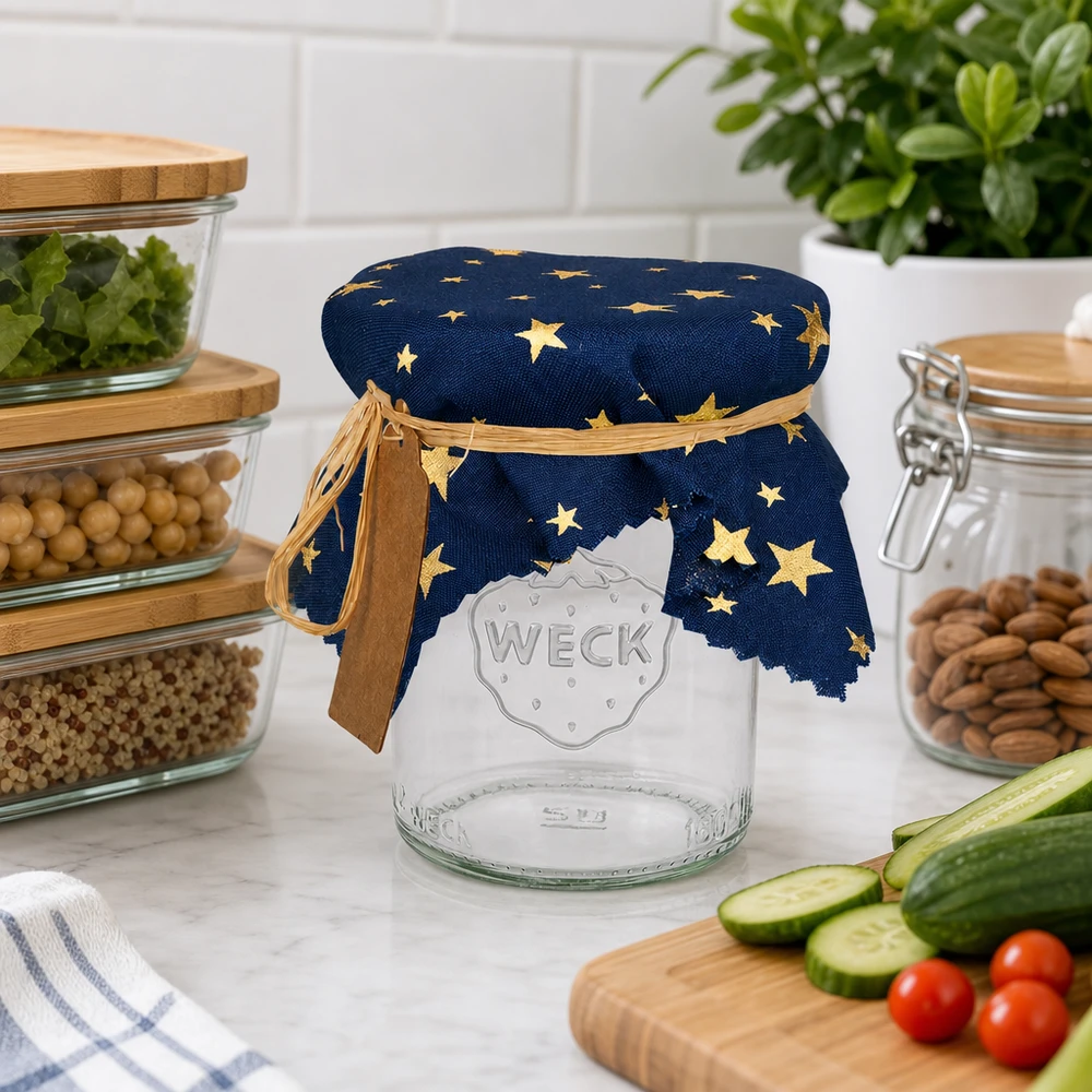 Stoff Schmuckdeckchen blau "Sterne" 15cm eckig Stoff Schmuckdeckchen mit Sternendekor auf Vorratsglas neben Küchenutensilien und Gemüse - blaues Deckchen 15cm