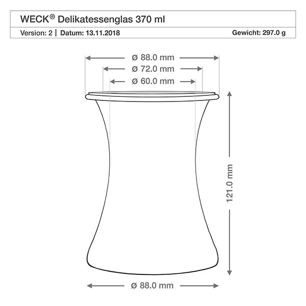 370ml Delikatessenglas WECK RR80 WECK Delikatessengl 370ml RR80 technische Zeichnung Maße Abmessungen Durchmesser Höhe Produktspezifikation
