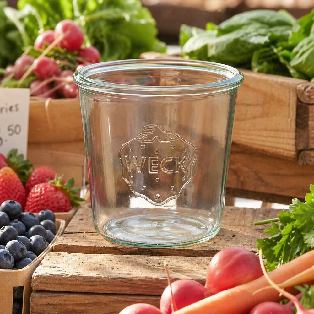 580ml Sturzglas WECK RR100 580ml WECK Sturzglas RR100 Einmachglas auf Holzbrett mit frischem Obst und Gemüse aus dem Markt