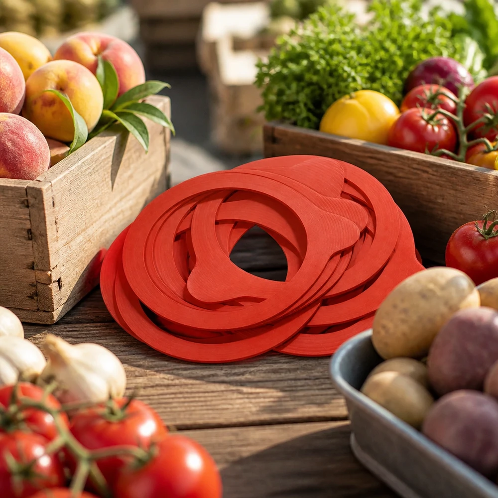Einkochring Naturgummi RR80 Einkochring RR80 Naturgummi rot für Profis zwischen frischem Obst Gemüse Tomaten Kartoffeln Marktstand Großküche