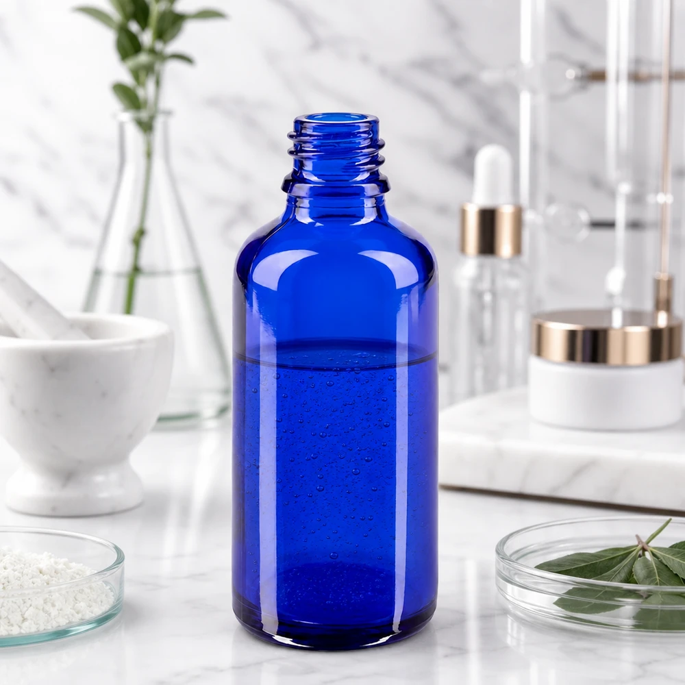 50ml blaue Apothekerflasche aus Glas für professionelle Anwendung in Pharmazie und Kosmetik