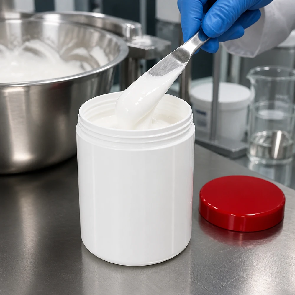 Salbenkruke 20g weiß mit rotem Schraubdeckel (Polypropylen) Salbenkruke 20g weiß PP-Kunststoff mit rotem Schraubdeckel für professionelle Abfüllung pharmazeutischer Cremes