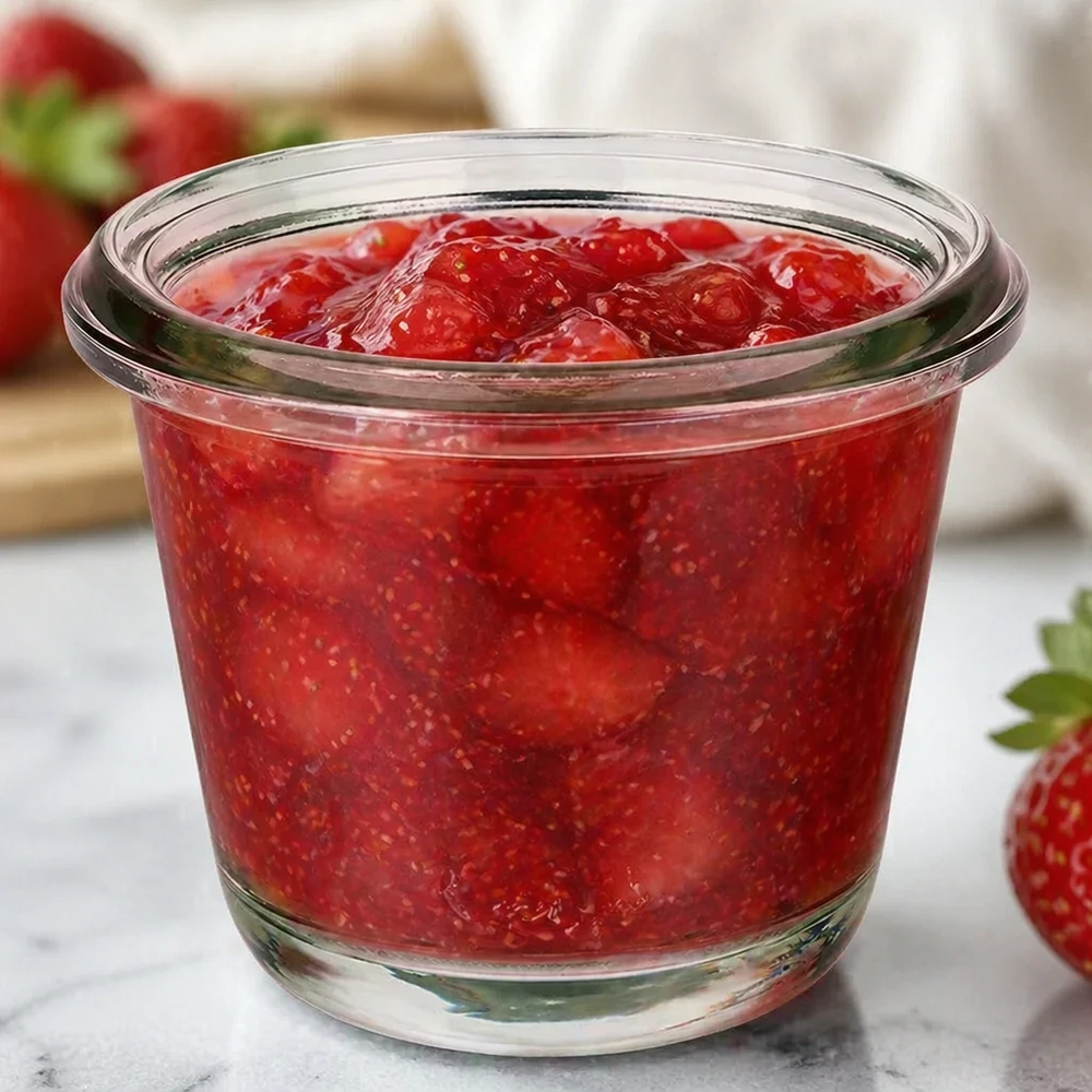 WECK Gourmetglas RR60 80ml mit roter Erdbeermarmelade gefüllt zwischen frischen Erdbeeren auf Marmorarbeitsplatte