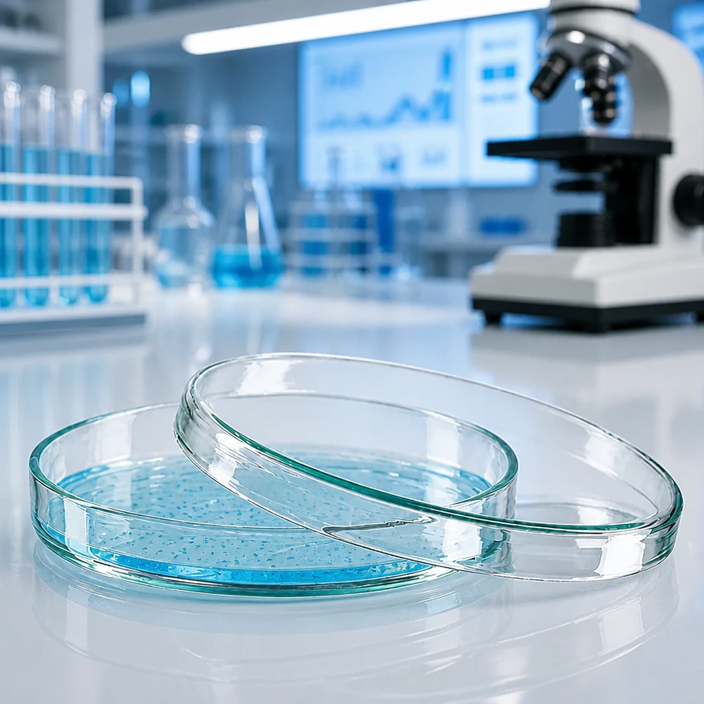 Glas-Petrischale 100x15mm für professionellen Laboreinsatz mit blauem Nährmedium auf weißer Laborfläche