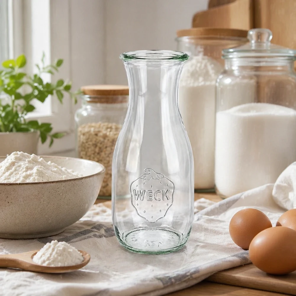 530ml Saftflasche WECK RR60 WECK Glasflasche 530ml RR60 in professioneller Küche mit Backzutaten Mehl Eiern und Einmachgläsern für Gastronomiebetrie