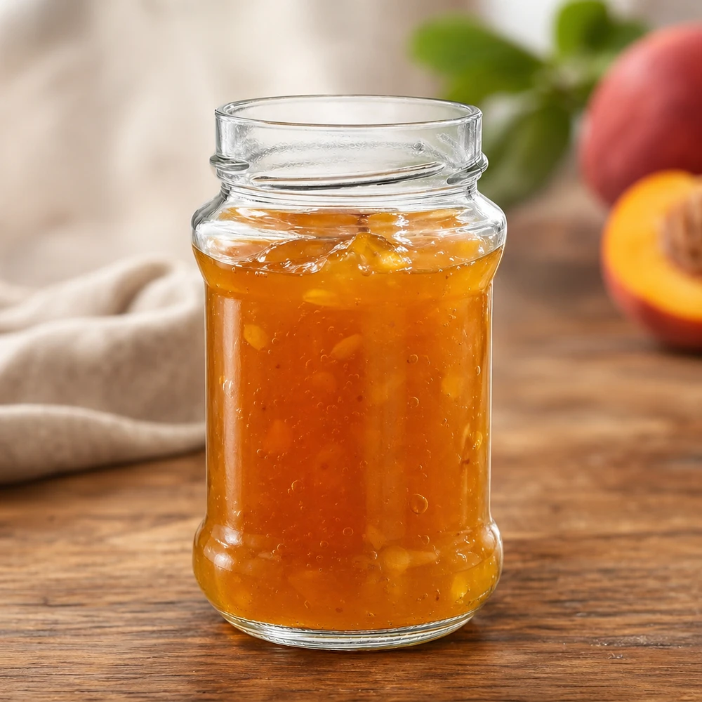 UNiTWIST Runda390 Rundglas 390ml TO66deep mit Pfirsichmarmelade auf Holztisch neben frischen Pfirsichen