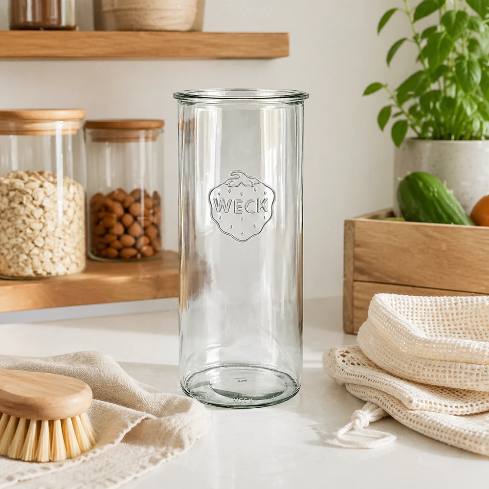 1500ml WECK Sturzglas RR100 Einmachglas aus Glas in moderner Küche mit Holzregalen und nachhaltigen Produkten