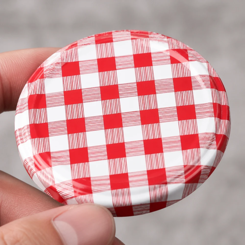 82mm BasicSeal Deckel karo rot/weiß (TO82) UNiTWIST 82mm TO82 BasicSeal Twist-Off-Deckel kariert rot-weiß aus Weißblech für gewerbliche Abfüllung