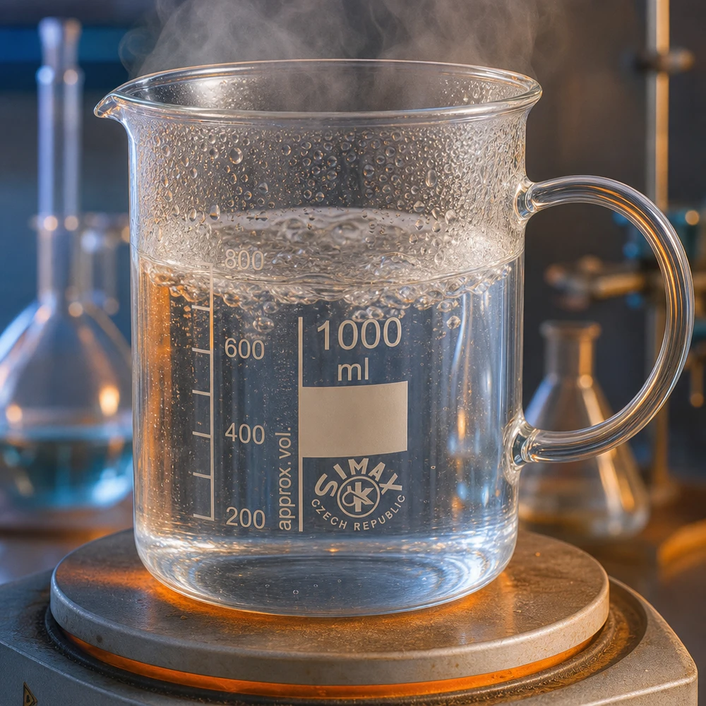 Becherglas 1000ml Borosilikatglas, mit Henkel Becherglas 1000ml Borosilikatglas mit Henkel erhitzt im Labor auf Heizplatte SIMAX