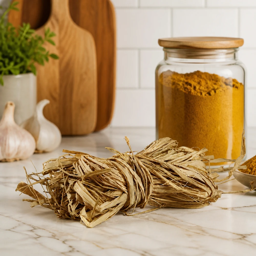 Naturbast 30g goldbeige auf Marmorarbeitsplatte mit Küchenutensilien zeigt natürliche Dekofasern für Haushalt