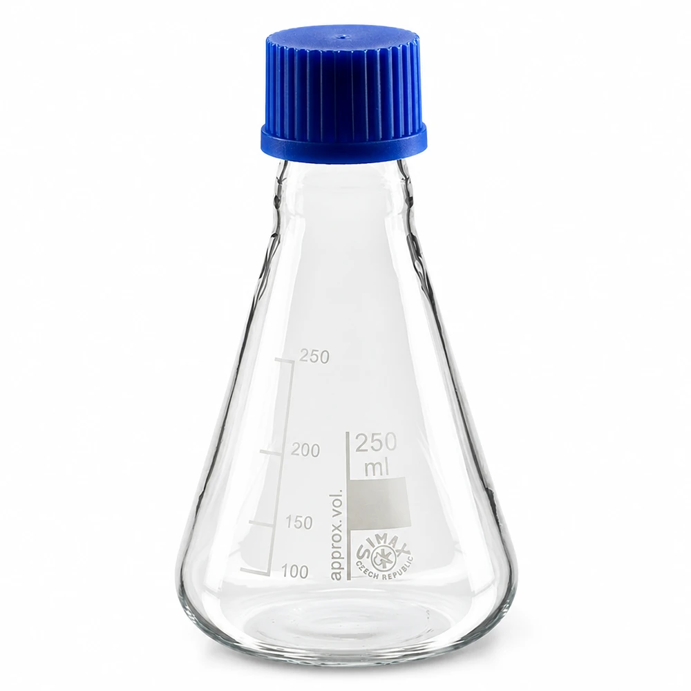 Erlenmeyerkolben 250ml Glas mit blauer Schraubkappe für professionelle Laboranwendungen bei Pacadura.de
