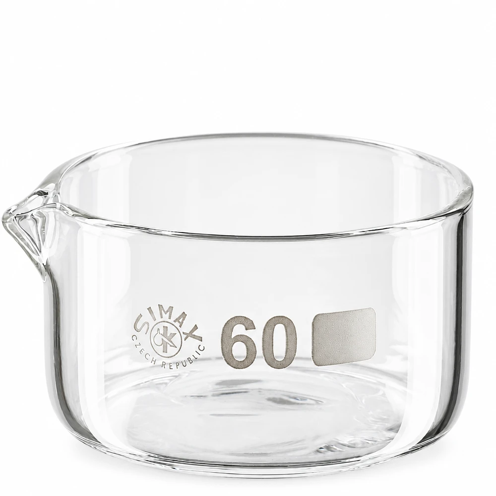 60ml Kristallisierschale mit Ausguss Borosilikat ø60mm Simax Kristallisierschale 60ml Borosilikatglas mit Ausguss Bodendurchmesser 60mm für Labor