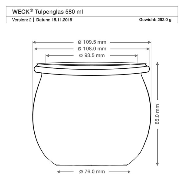 580ml Tulpenglas WECK RR100 Technische Zeichnung WECK Tulpenglas 580ml RR100 mit Maßangaben und Abmessungen für Holzkugel-Deckel