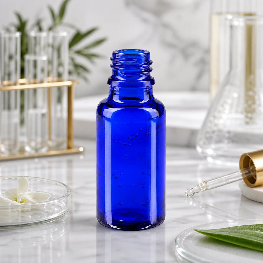 20ml blaue Apothekerflasche aus ApoGlas für professionellen pharmazeutischen und kosmetischen Einsatz im Fachhandel