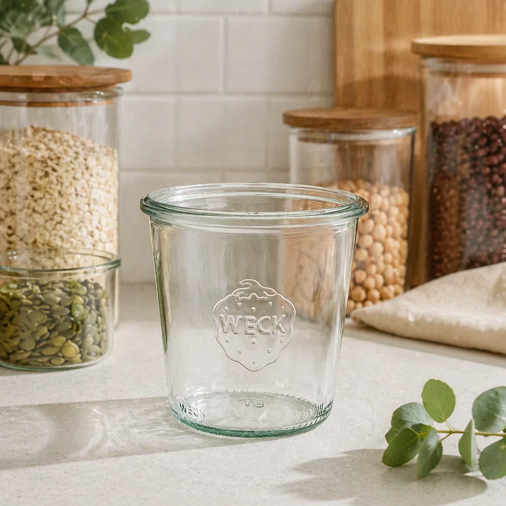 290ml WECK Sturzglas RR80 hoch aus Glas für Küche Vorratshaltung Einmachen auf weißer Arbeitsplatte mit Vorrätsgläsern