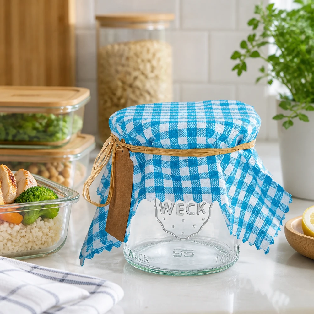 Stoff Schmuckdeckchen türkis-kariert 15cm eckig Türkis-weißes kariertes Stoff Schmuckdeckchen auf Weckglas in moderner Küche zwischen Vorratsbehältern arrangiert