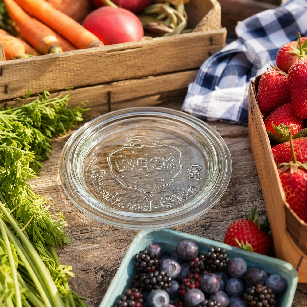 WECK Glasdeckel RR80 WECK Glasdeckel RR80 mit Logo-Prägung zwischen frischen Erdbeeren Karotten und Beeren auf rustikalem Holz