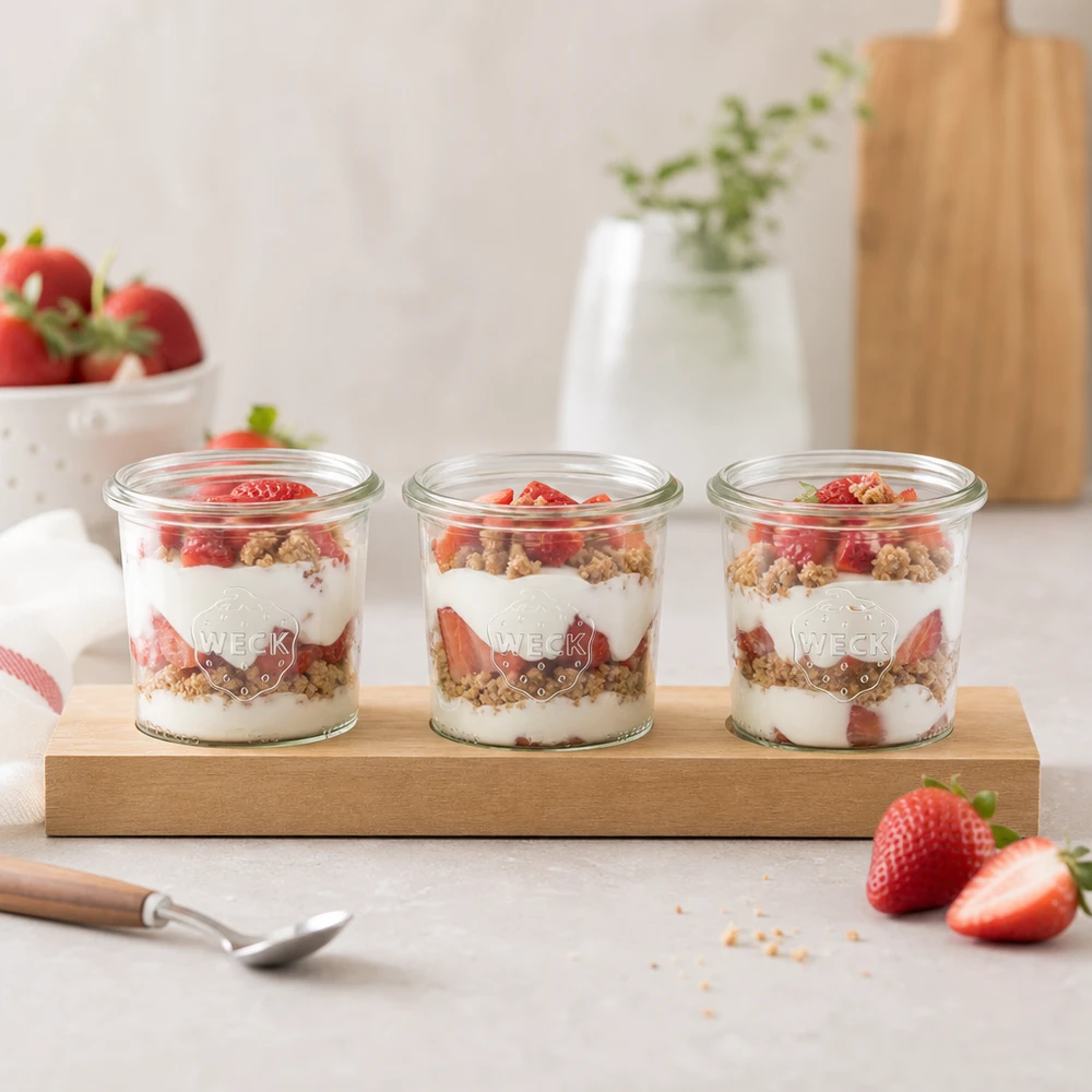 Servierbrett Plano3 mit 3 Weck Sturzgläsern 140ml WECK Gläser 140ml mit Joghurt-Erdbeer-Schichtdessert auf Holz-Servierbrett Plano3 frühstücksfertig angerichtet