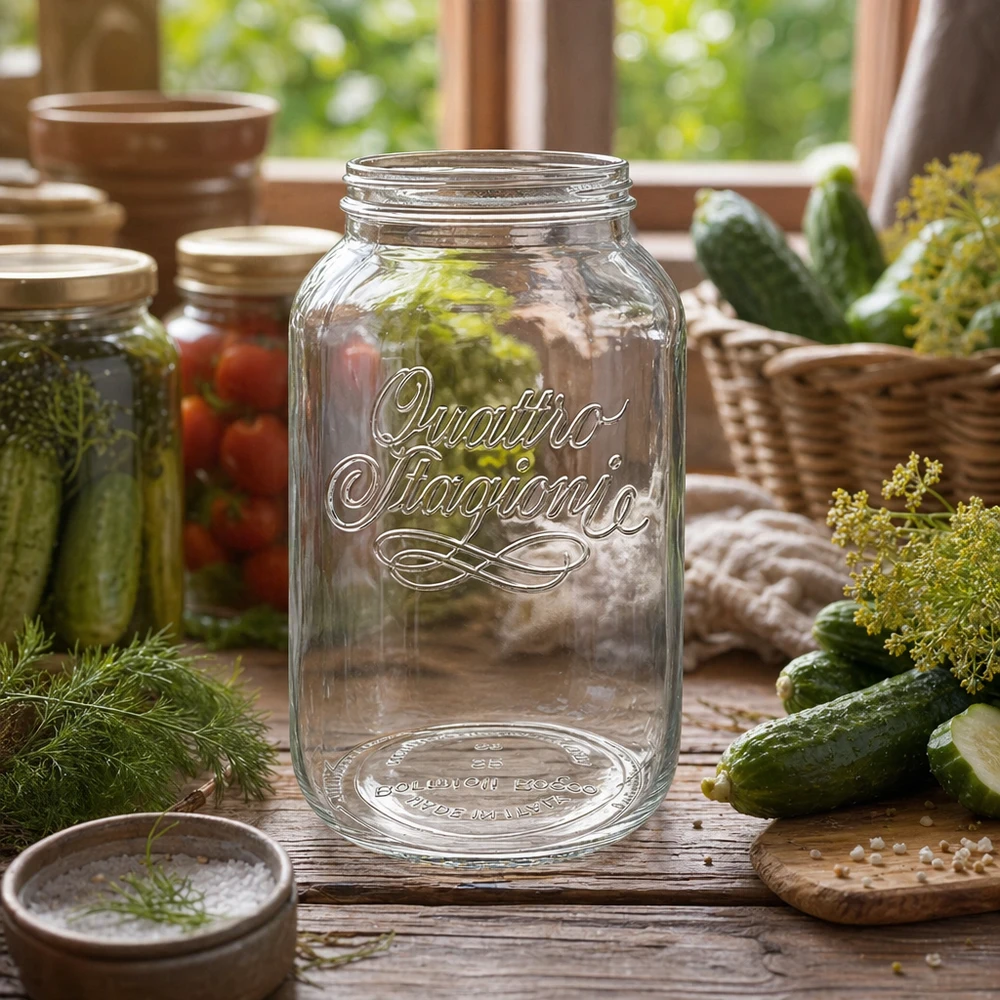 3800ml Rundglas "Quattro Stagioni" QS110mm 3800ml Quattro Stagioni Einmachglas leer auf Holztisch mit Gurken und Dill zum Einkochen und Konservieren