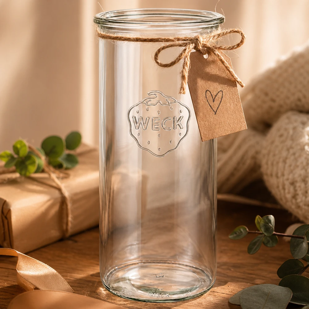 WECK Sturzglas 1500ml RR100 mit Herzanhänger und Schleife auf Holztisch dekoriert mit grünen Pflanzen