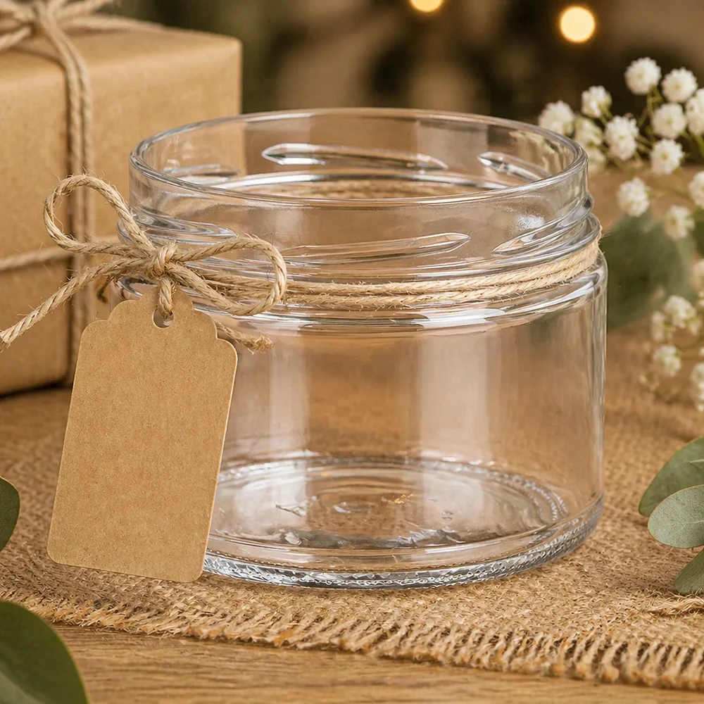 UNiTWIST Runda540 Sturzglas 540ml TO100 mit Bastband und Geschenkanhänger dekoriert auf rustikalem Jute-Untergrund