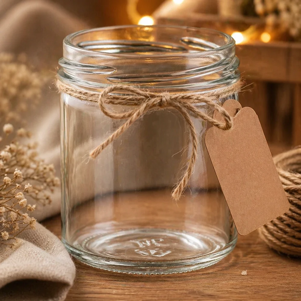 Leeres UNiTWIST Sturzglas 167ml TO66 mit Juteschnur und Anhänger auf Holztisch rustikal dekoriert