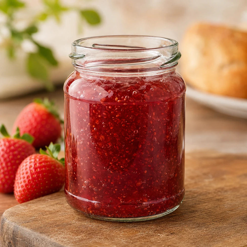 UNiTWIST Runda205 Rundglas 205ml TO58 mit roter Erdbeermarmelade gefüllt neben frischen Erdbeeren auf Holzbrett