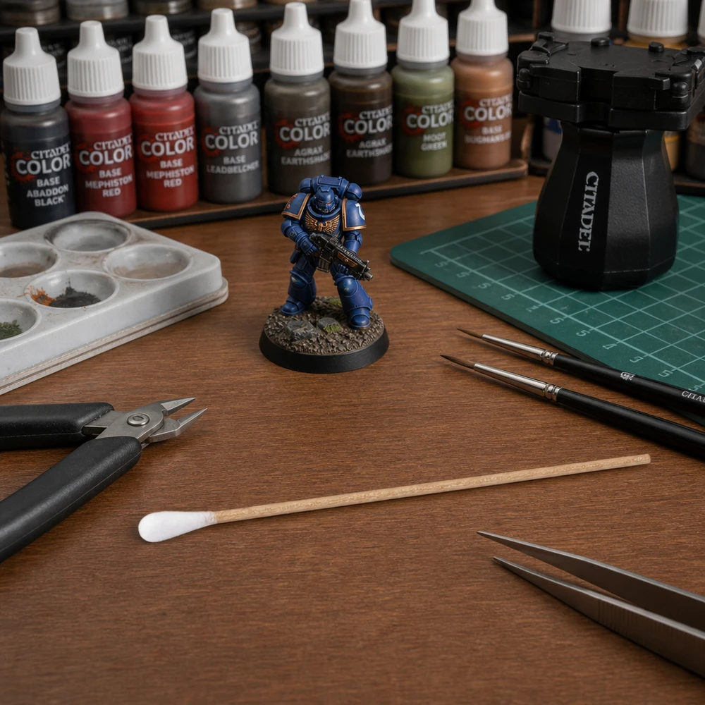 Unsterile Wattestäbchen professionell beim Bemalen von Warhammer 40K Miniaturen im Modellbau-Hobbybereich eingesetzt