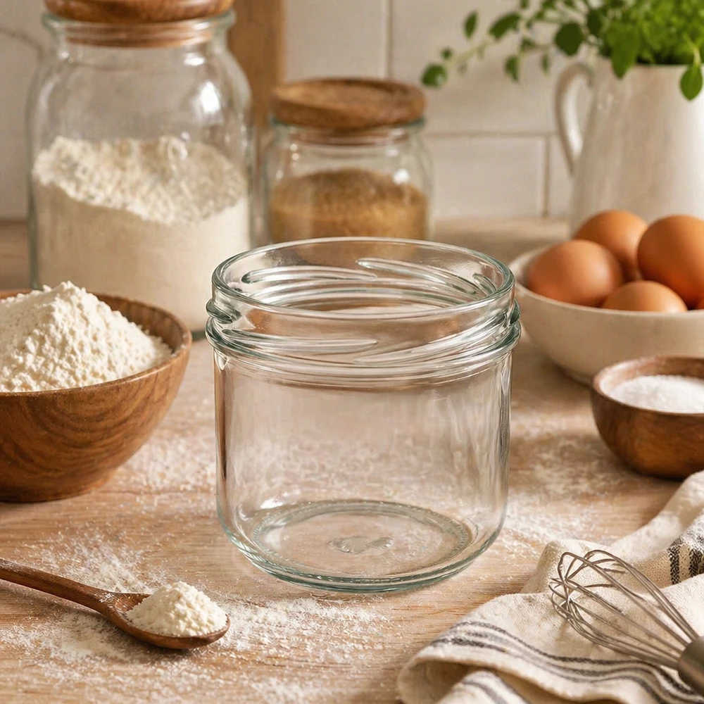 UNiTWIST Sturz260 Rundglas 260ml TO82 leeres Einmachglas auf Küchentisch mit Backzutaten Mehl Eiern