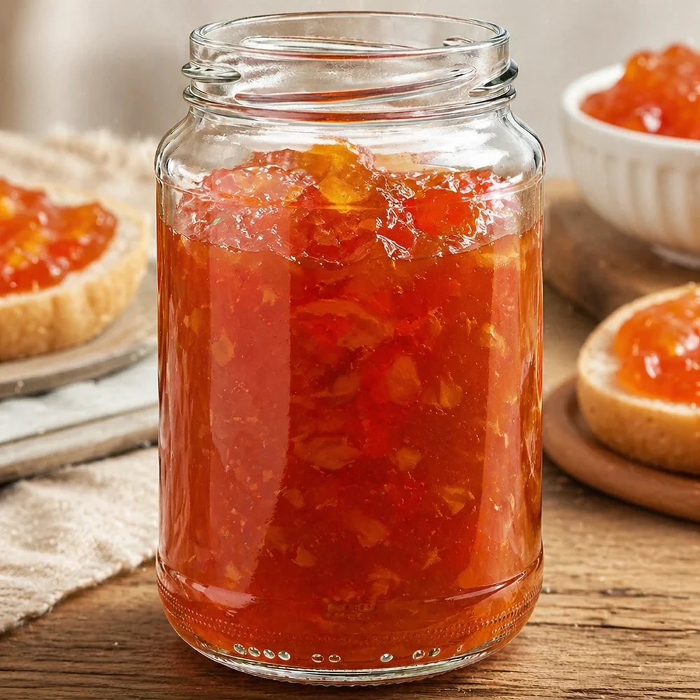 UNiTWIST Runda375 Rundglas 375ml TO63 gefüllt mit Marmelade zeigt praktische Anwendung für gewerbliche Konfitüren-Abfüll