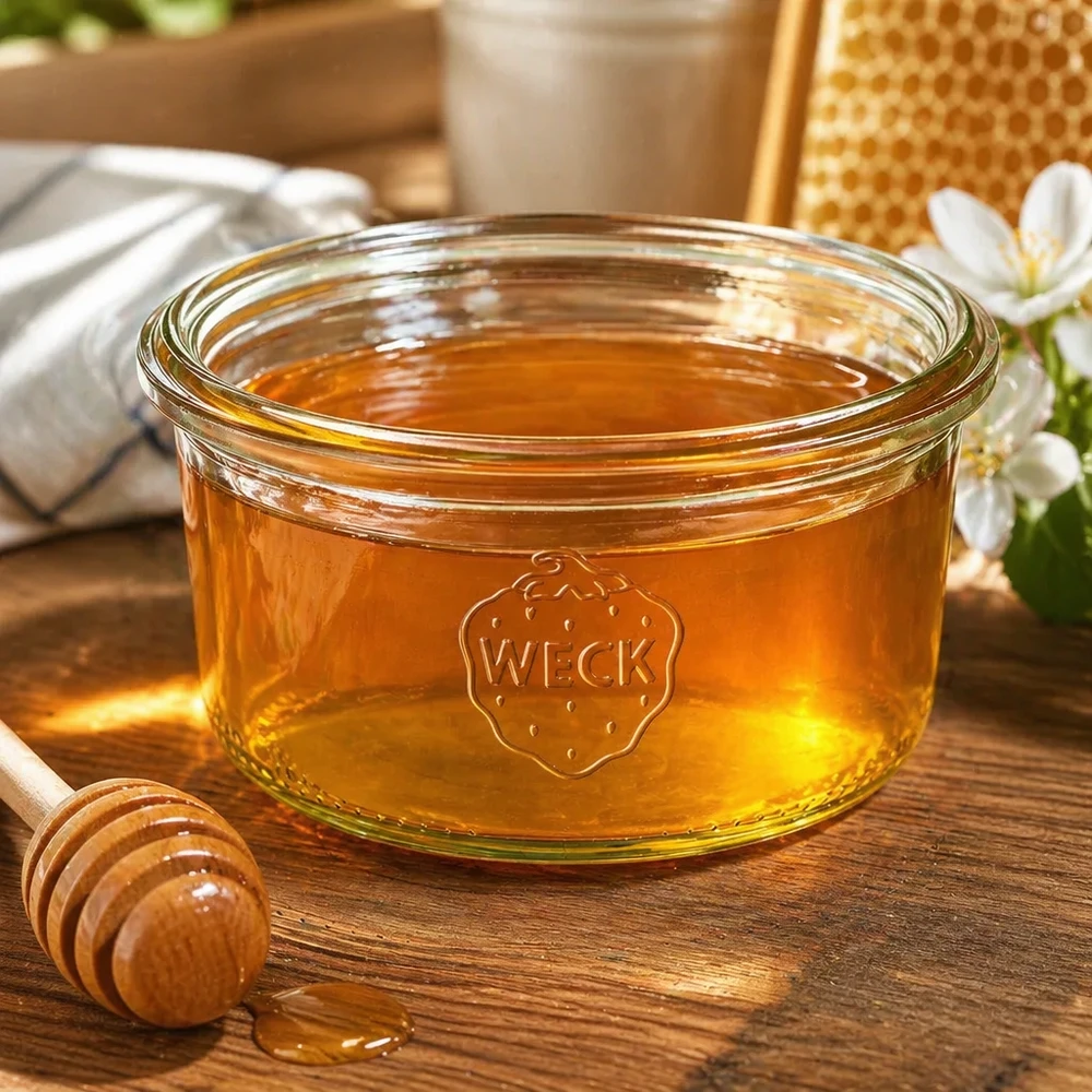 165ml WECK Sturzglas RR80 mit Honig gefüllt auf Holztisch mit Honiglöffel und Bienenwabe im Hintergrund
