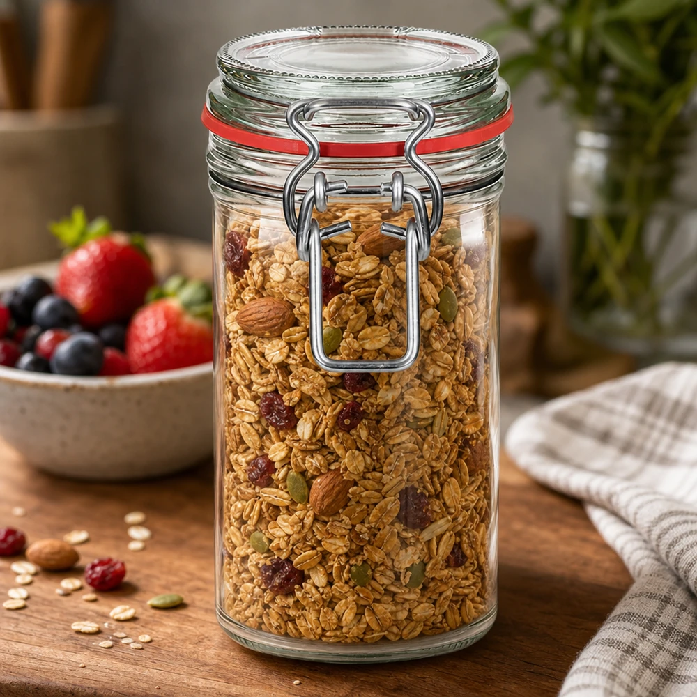 272ml Vorratsglas Typ G mit Bügelverschluss UN.. 272ml Vorratsglas mit Bügelverschluss gefüllt mit Müsli - professionelle Glasverpackung für Lebensmittel im Fachhandel