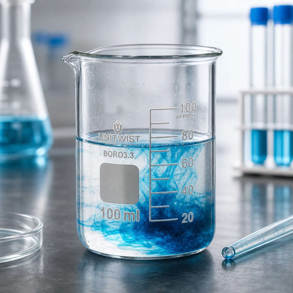 Becherglas 100ml Borosilikat niedrige Form UNiTWIST mit blauer Lösung im Labor