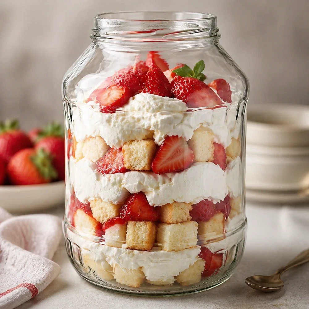 UNiTWIST Runda2650 Sturzglas 2650ml mit Schichtdessert aus Erdbeeren Sahne und Kuchenstücken TO100 Gewinde Dessertglas