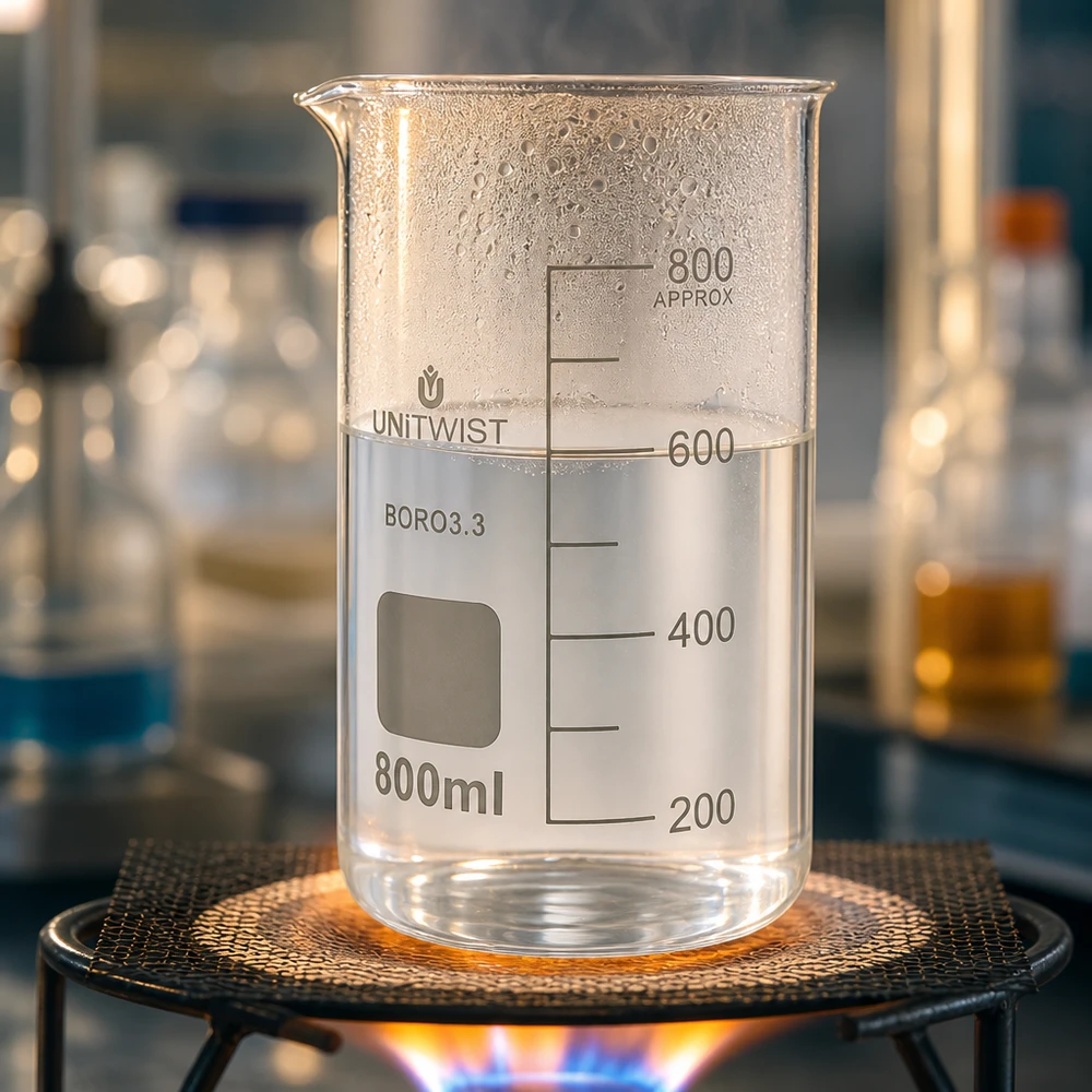 Becherglas 800ml Borosilikat hohe Form UNITWIST auf Bunsenbrenner im Labor