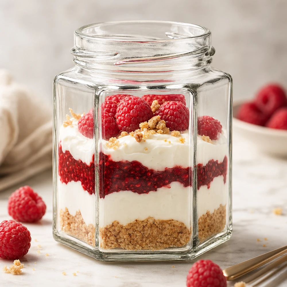 UNiTWIST Hexa196 sechseckiges Glas 196ml mit Schichtdessert aus Beeren Joghurt und Kekskrümeln gefüllt