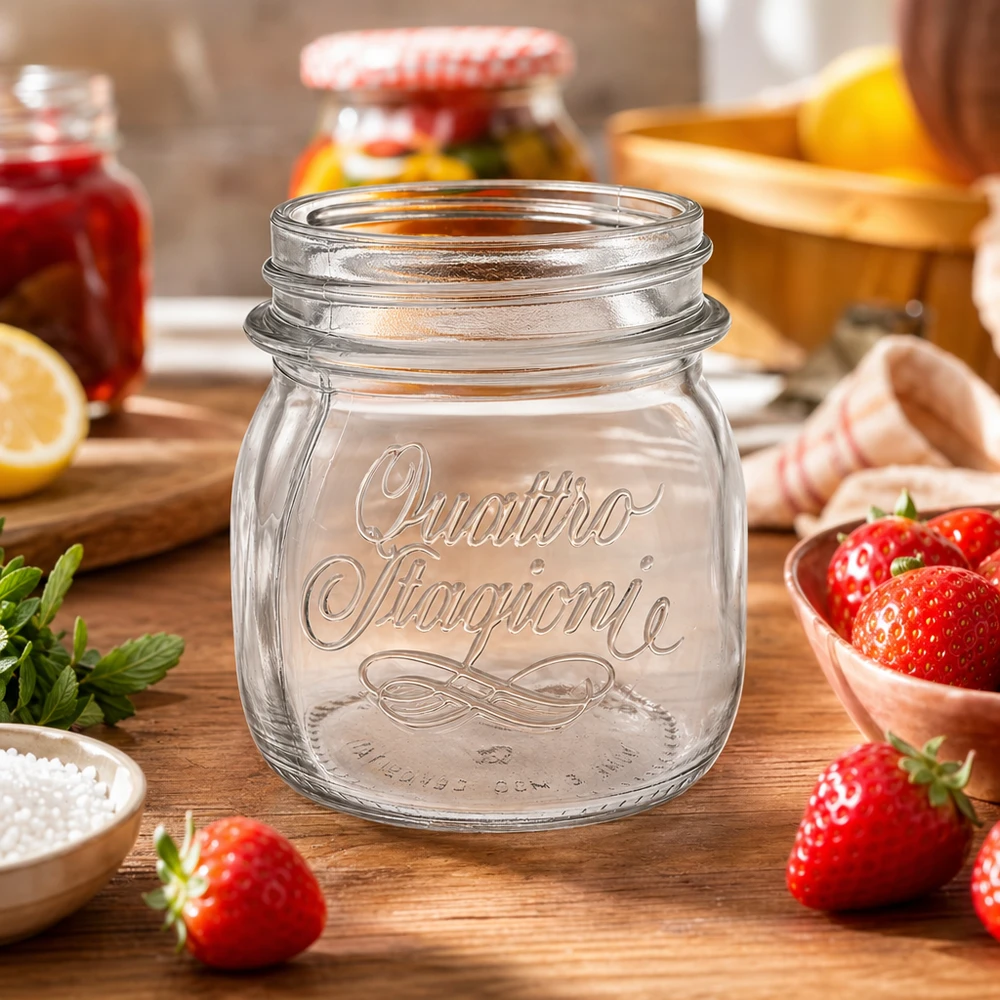 250ml Rundglas "Quattro Stagioni" QS70mm 250ml Quattro Stagioni Einmachglas auf Holztisch mit frischen Erdbeeren und Küchenutensilien für Konservierung