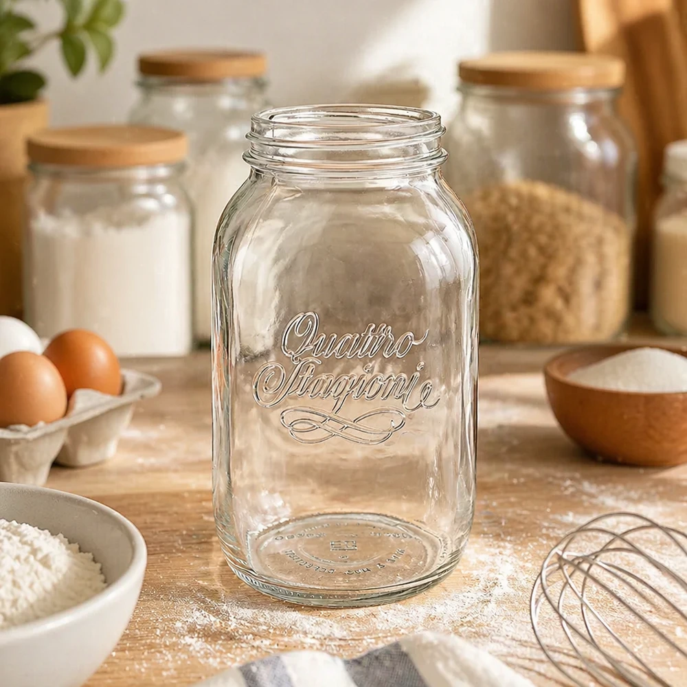 1500ml Rundglas "Quattro Stagioni" QS86mm 1500ml Quattro Stagioni Haushaltsglas mit Schraubverschluss auf Holztisch mit Backzutaten und Küchenutensilien