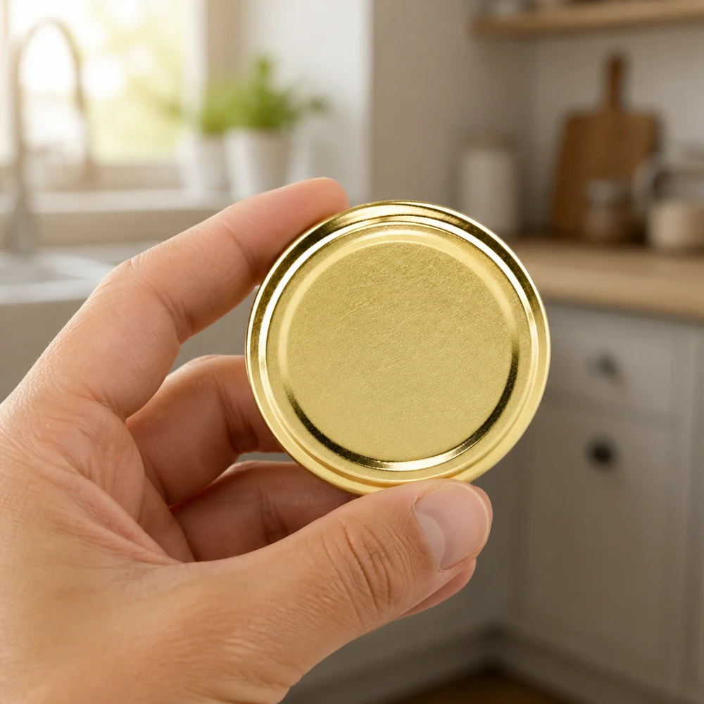 Hand hält goldenen BasicSeal Twist-Off-Deckel TO100 100mm aus Weißblech für gewerbliche Abfüllung