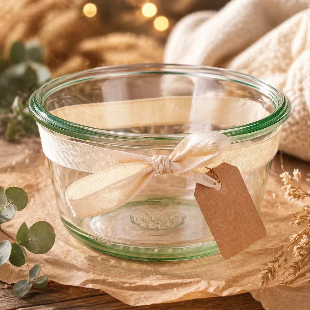 290ml Gourmetglas WECK RR100 WECK RR100 290ml Gourmetglas leer mit Schleifenband und Anhänger als Geschenkverpackung in warmer Ambiente-Beleuchtung
