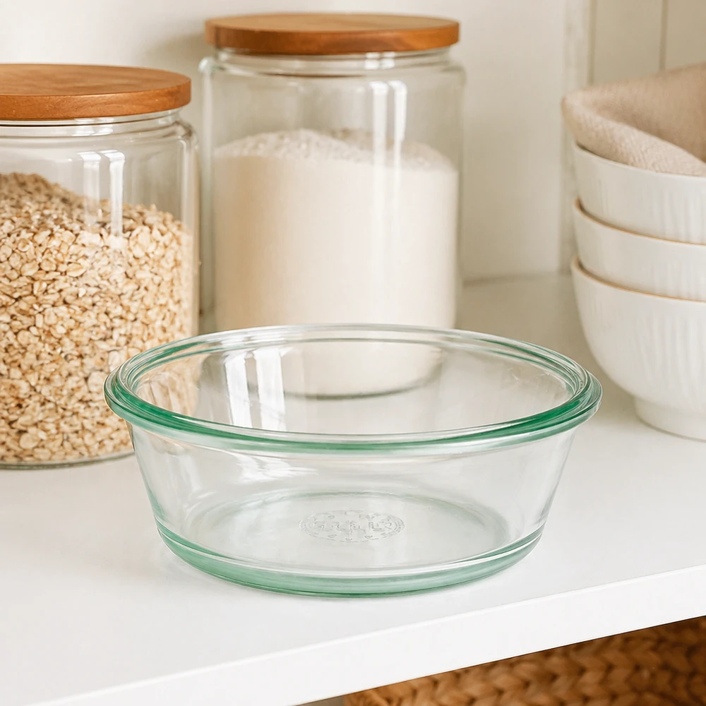 300ml Gourmetglas WECK RR120 WECK RR120 Gourmetglas 300ml leer auf weißer Küchenarbeitsplatte neben Vorratsgläsern zeigt klares Design