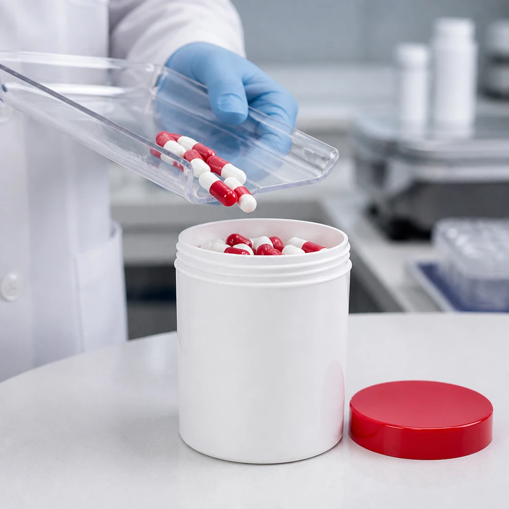 Salbenkruke 20g weiß PP-Kunststoff mit rotem Schraubdeckel für pharmazeutischen Abfüllbetrieb