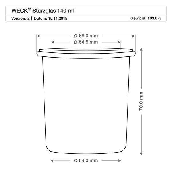 140ml Sturzglas WECK RR60 WECK Sturzglas 140ml RR60 mit Maßangaben und technischer Zeichnung für Einmachglas