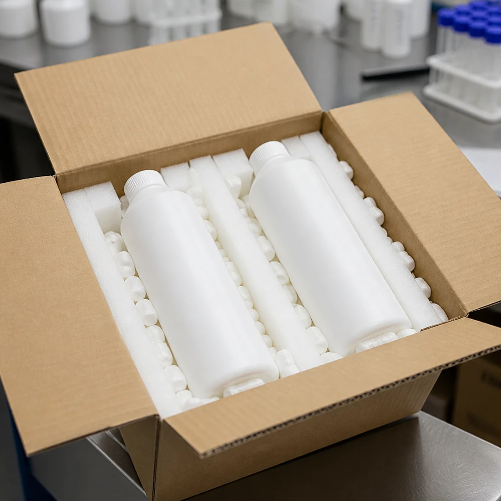 Apothekerflasche HDPE 250ml weiß ohne Verschluss in Karton mit Schaumstoffverpackung für gewerblichen Einsatz