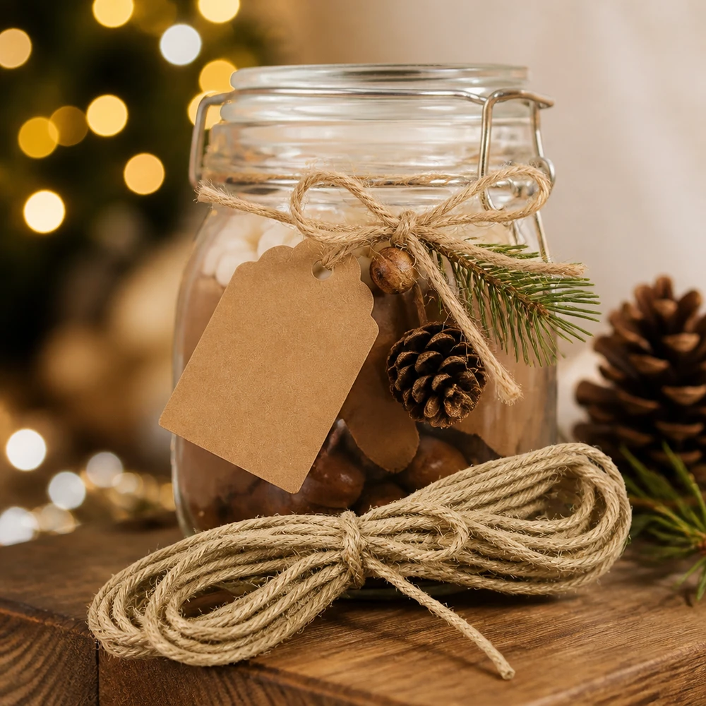 Naturkordel Jute 300cm als Weihnachtsdeko mit Tannenzapfen und Geschenkanhänger am festlich dekorierten Glas