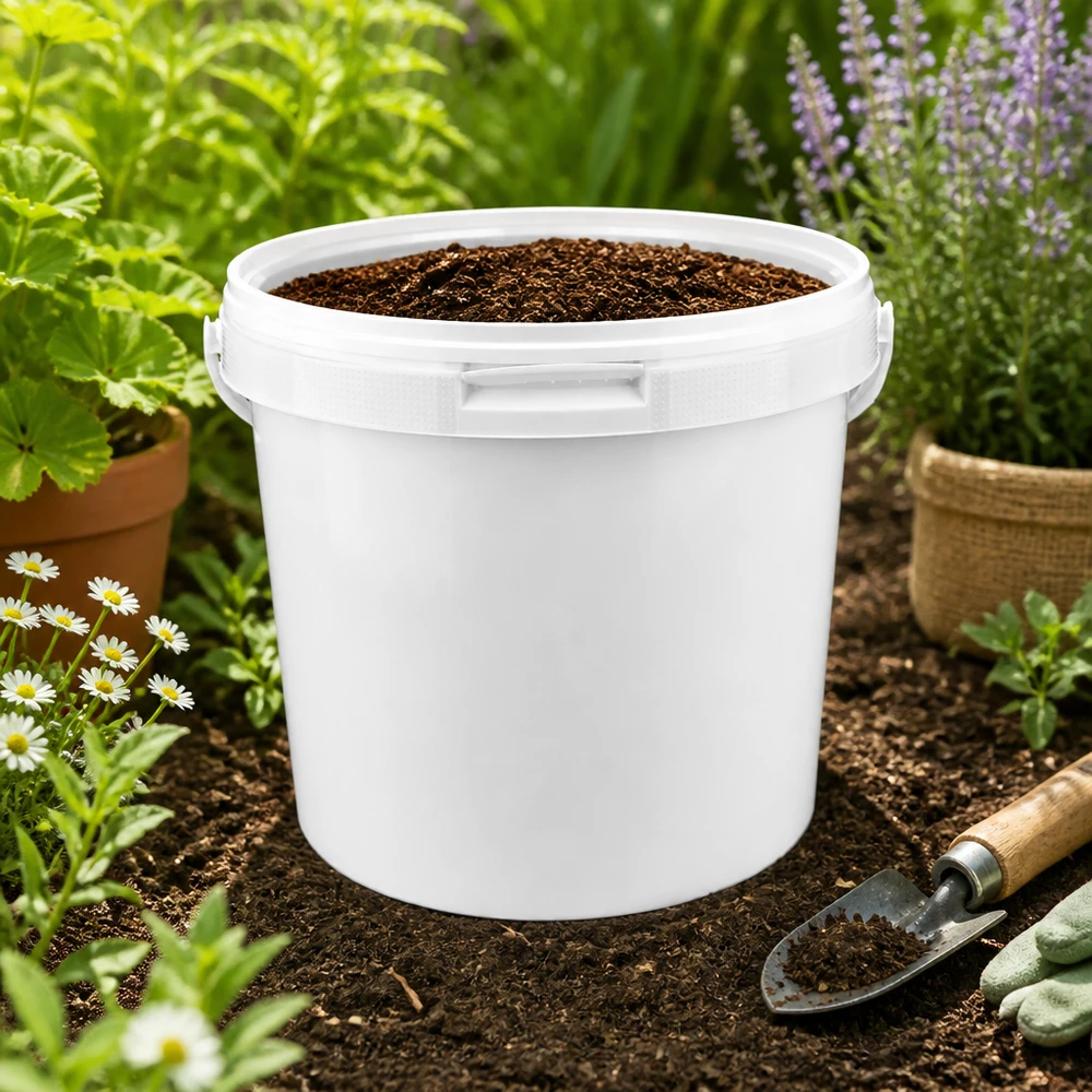 Weißer Kunststoffeimer 5,6L aus PP mit Deckel für gewerblichen Einsatz im Gartenbau