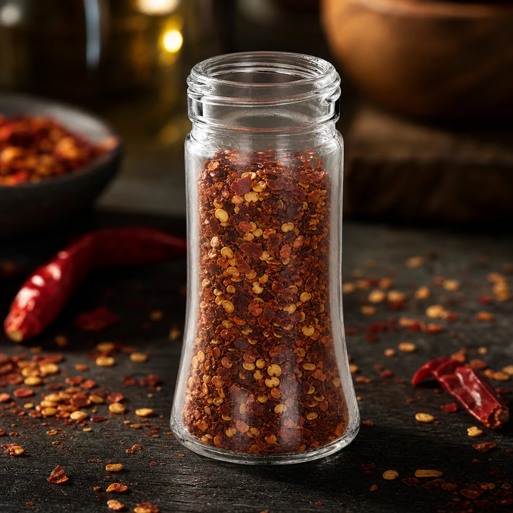 Salz/-Gewürzglas Bobby 95ml, Gewinde 41mm Klarglas Klarglas Gewürzglas Bobby 95ml Gewinde 41mm mit Chilliflocken für professionellen Gastro-Einsatz