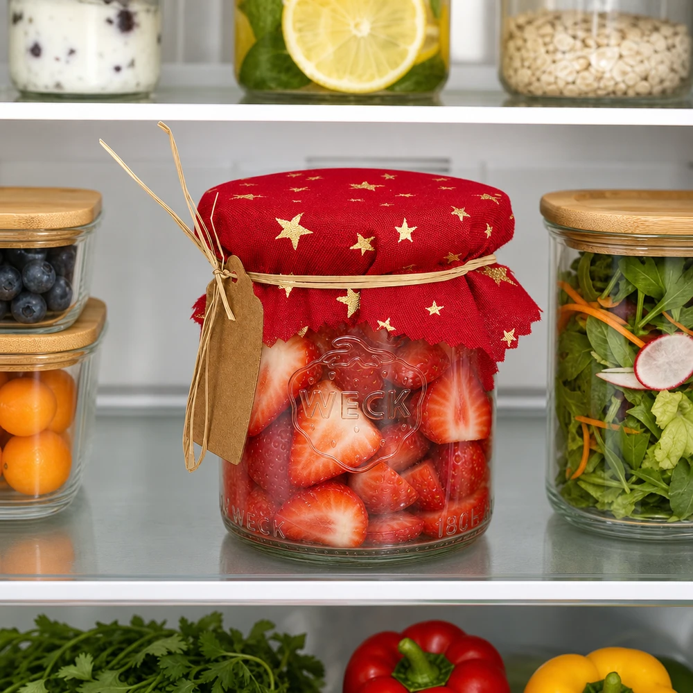 Stoff Schmuckdeckchen rot "Sterne" 12cm eckig Rotes Sterne Schmuckdeckchen 12cm im Kühlschrank auf Einmachglas mit Erdbeeren zwischen Vorratsgläsern und Salat